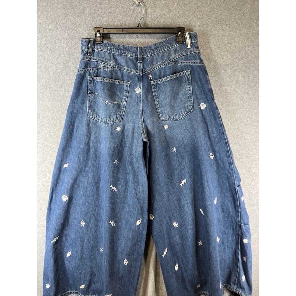 Free People Westward Demim Jean Size 33 “ Under The Sea” Wide Leg Embroidered - Picture 5 of 10